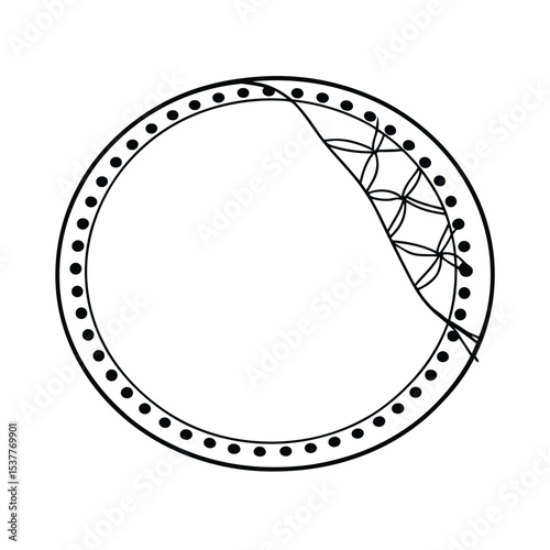 Black and white circular decorative frame with geometric pattern and dotted border design