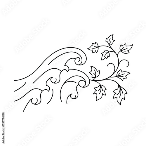 Elegant black and white decorative corner element featuring swirls and leafy vine design