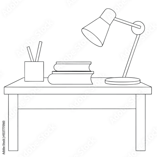Black and white illustration of a desk with lamp books and pencil holder representing study and work. desk, table, lamp, books, pencil holder, stationery, workspace, study, learning.