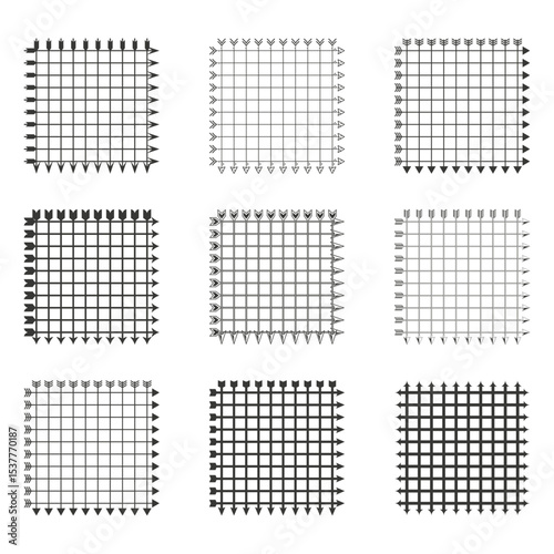 Grid icon set. Vector square symbols. Black and white layout. Graphic tile collection.