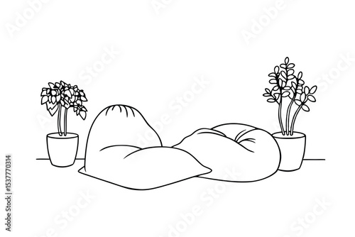 Black and white illustration of beanbag chairs and potted plants in minimalist design