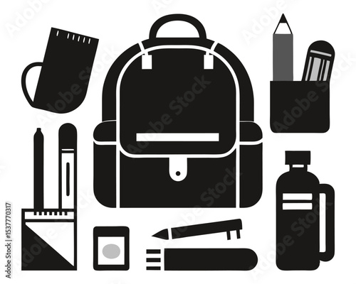 Black and white school supplies backpack with pen pencil water bottle and accessories design.