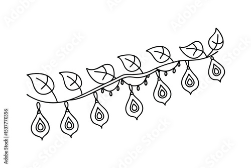 Elegant black and white decorative branch with leaves and ornamental teardrop elements