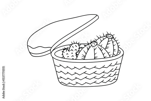 Hand drawn illustration of a cactus plant inside a basket with open lid in monochrome style.