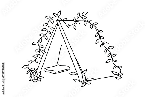 Simple illustration of a cozy tent adorned with leaves suitable for camping or adventure.