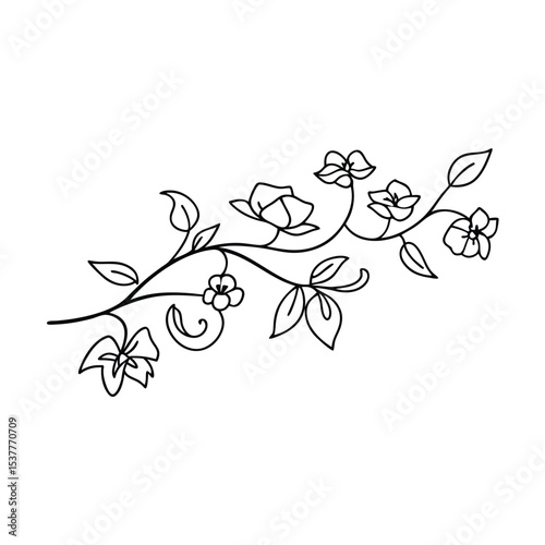 Elegant floral vine with leaves and blossoms in a minimalist black and white style
