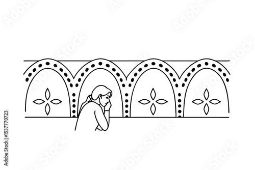 Contemplative woman gazing through arched windows decorated with floral elements