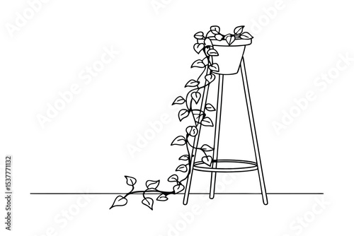 Elegant line art illustration of a trailing plant in a pot on a plant stand