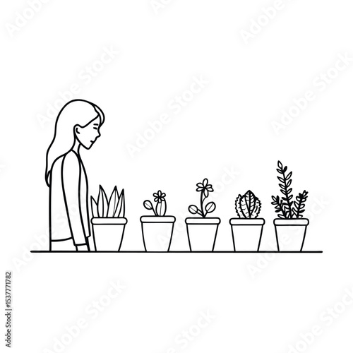 Woman admiring line art illustration of potted plants including succulents and flowers in various shapes