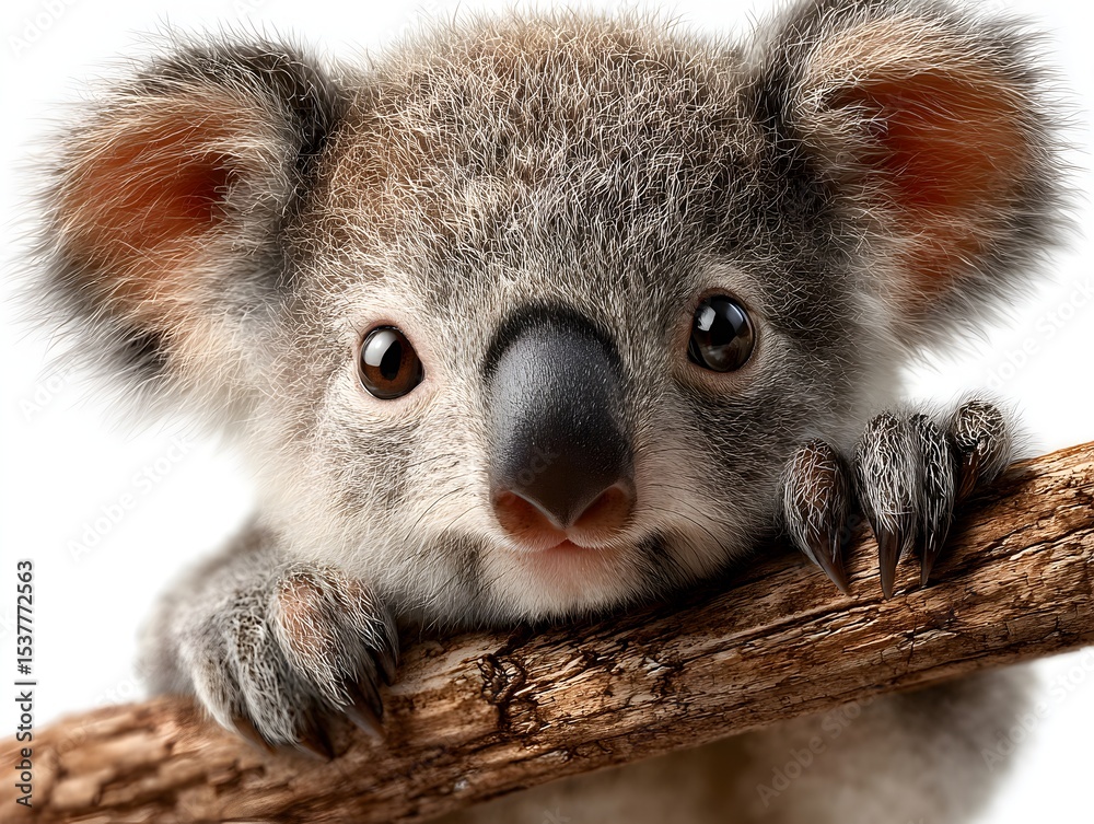 Naklejka premium An adorable baby koala clings to a small branch with its tiny claws, looking directly at the camera lens.