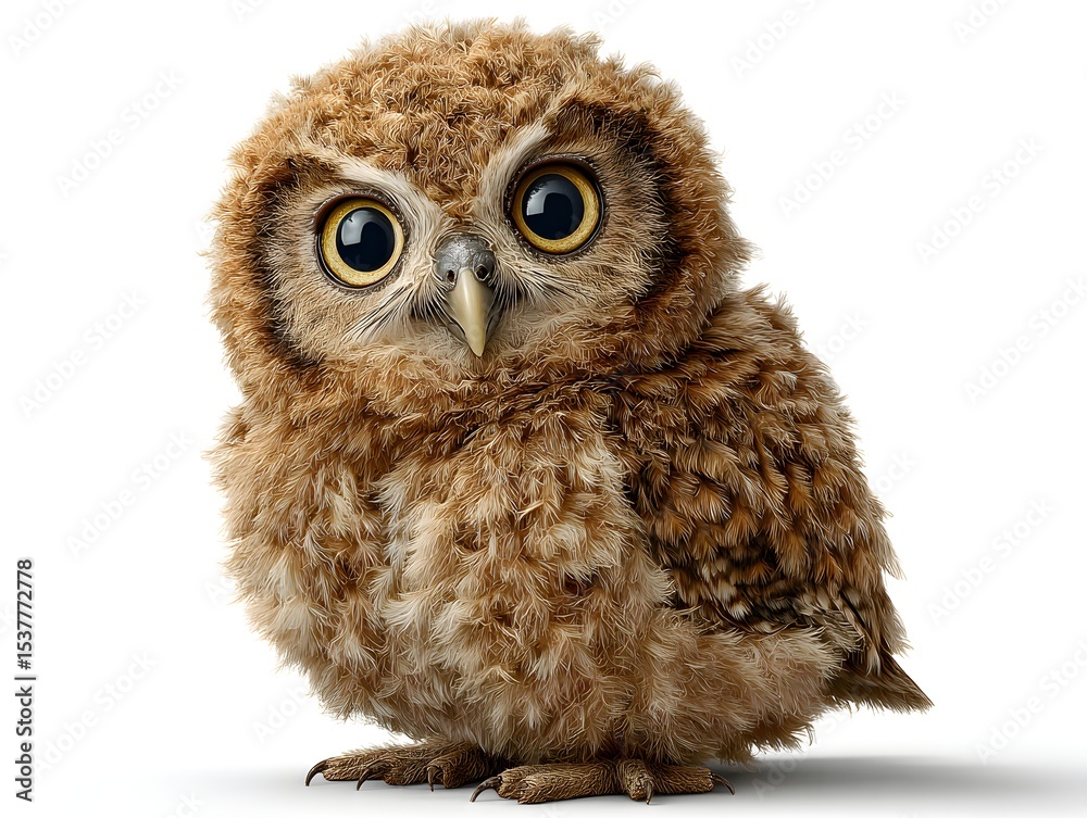 Obraz premium An adorable baby owl with fluffy brown feathers looks directly forward against a plain white backdrop now.