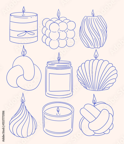 Set of hand-drawn handmade candles in different shapes. Minimalist linear illustrations of candles for packaging, business cards, posters, and graphic design.