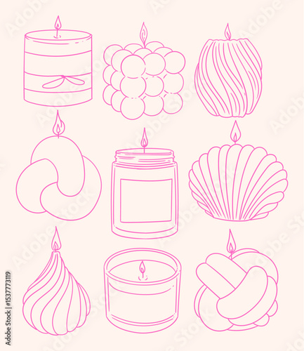 Set of hand-drawn handmade candles in different shapes. Minimalist linear illustrations of candles for packaging, business cards, posters, and graphic design.