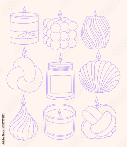 Set of hand-drawn handmade candles in different shapes. Minimalist linear illustrations of candles for packaging, business cards, posters, and graphic design.