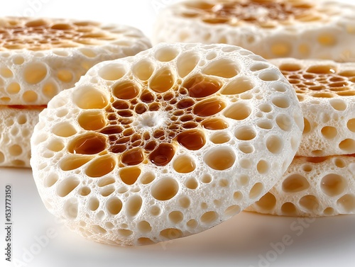 Delicious crumpets are stacked high and covered in sweet syrup, showcasing their unique texture closeup shot.