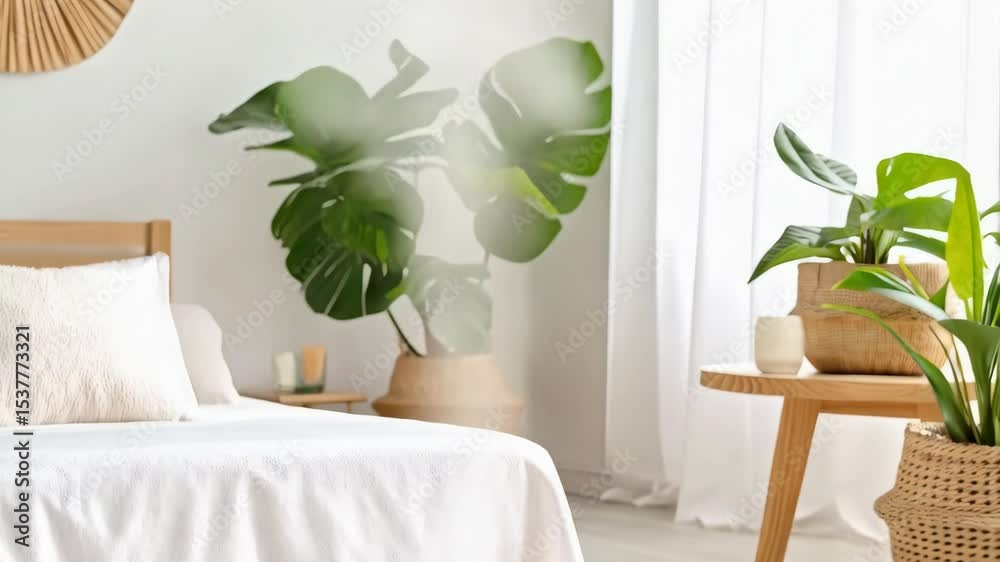 Aroma diffuser releasing mist with bedroom and plants background creating peaceful, relaxing atmosphere and promoting wellbeing at home