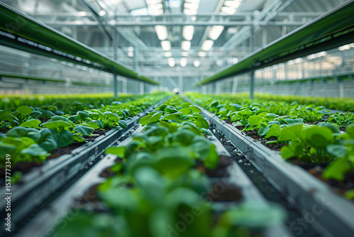 A high-tech agricultural lab with rows of healthy, genetically engineered plants growing in controlled environments for research purposes.