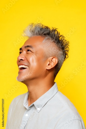 Idea of style for aging men. A studio glamour portrait of a confident man. Yellow solid background. Modish men's edgy haircut - midlife southeast asian man with curly hair.