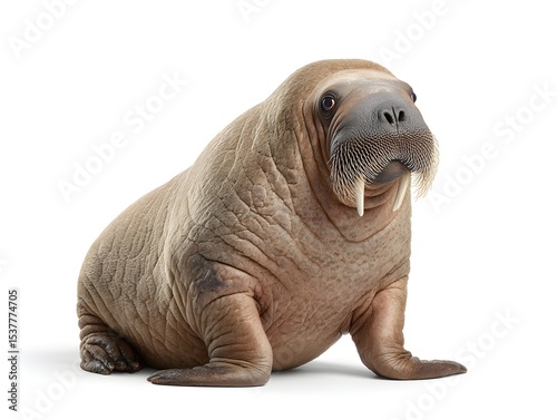 A solitary walrus sits on a plain white background, displaying its wrinkled skin and prominent tusks upfront. photo