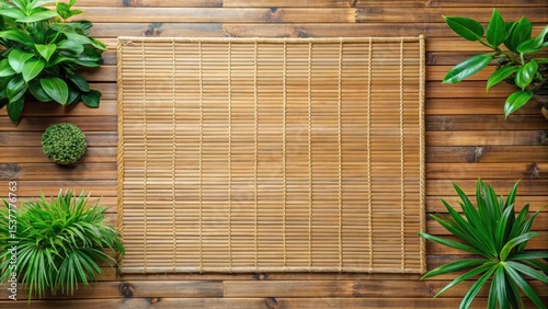 Woven bamboo flat mat on a wooden floor with natural bamboo background and various types of plants
