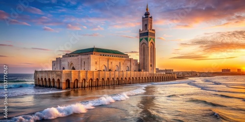 Grand architectural facade of Hassan II Mosque at sunset