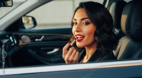 Modern Socialite Applying Red Lipstick in Luxury Car Close-Up