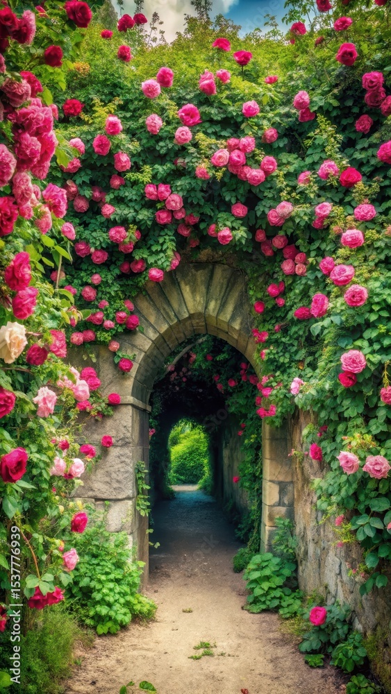 Fototapeta premium Overgrown Roses in Tunnel Entrance