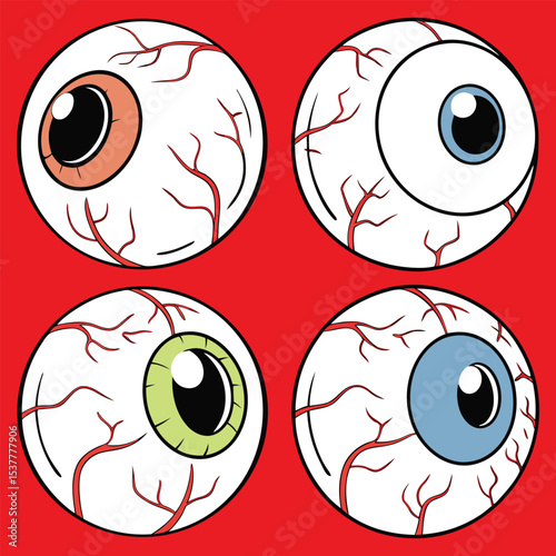 Four Spooky Cartoon Eyes on Red Background