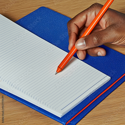 Person writing in a blue lined notebook on a wooden table. Possible use Educational, study, office