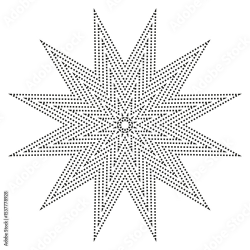 Geometric star shape. Dotted visual texture. Black pixel structure. Vector spiked symbol.