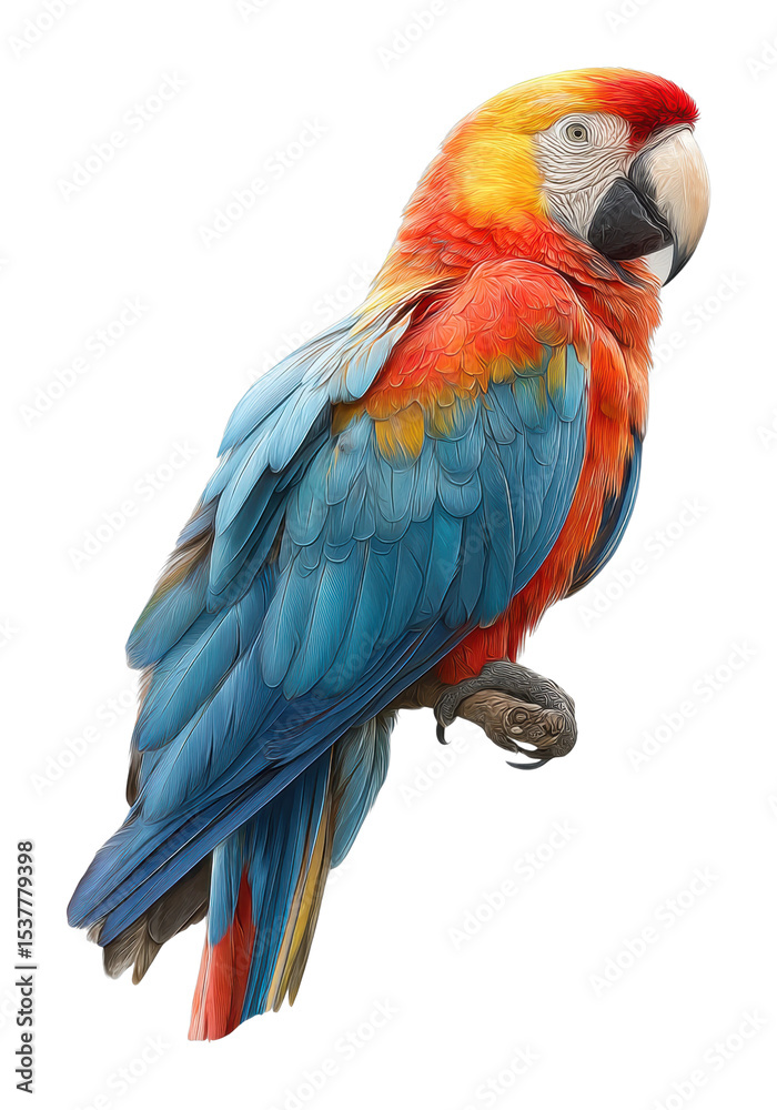 Fototapeta premium Colorful scarlet macaw parrot portrait tropical habitat wildlife vivid environment cut out png