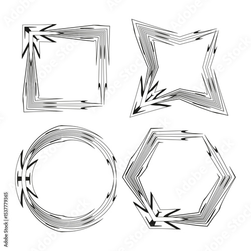 Spiky vector frames. Abstract shape outline. Decorative black borders. Square star circle mix.