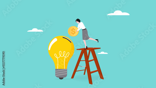 funding new innovative project, investing or VC venture capital to support business startup idea, raising funds to start a business, businesswoman inserts gold coins into business light bulb idea