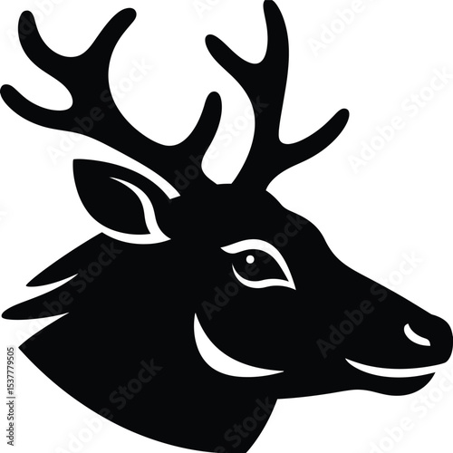 A simple black and white illustration of a deer head with antlers facing to the right side view silhouette