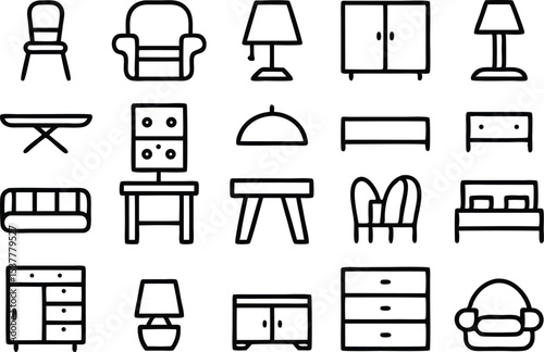 Collection of outline and solid furniture icons for home decor design isolated on transparent background
