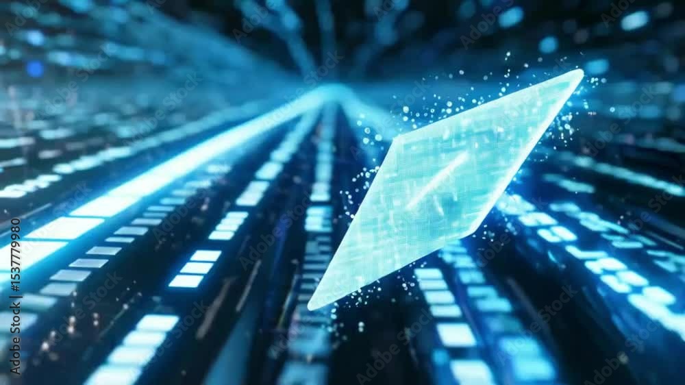 White arrow moving forward in a binary code stream.