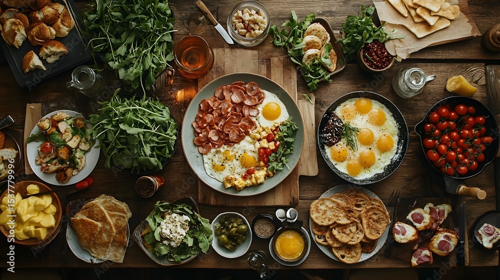 Fototapeta premium Overhead shot shows a rustic breakfast spread with eggs, bacon, vegetables, and bread on wooden table.