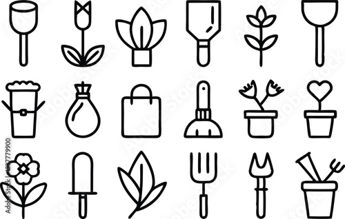 Gardening tool outline icons set featuring tulip and other garden implements isolated on transparent background