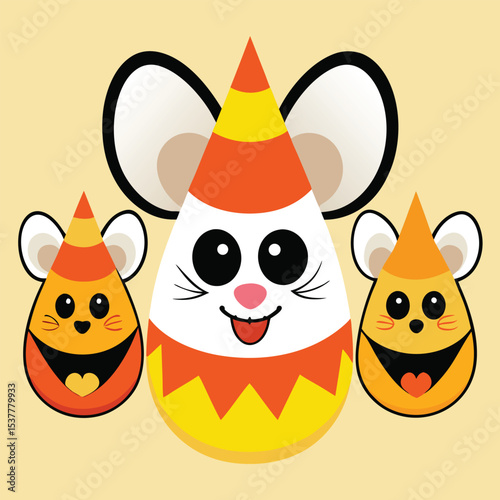 Three Cute Cartoon Mice with Candy Corn Hats