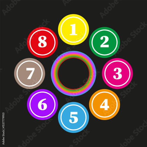Colorful number circles. Digits one to eight. Round gradient icons. Vector numeric set.