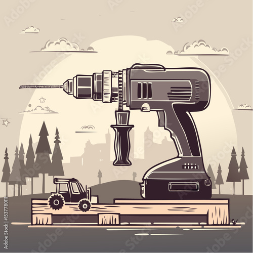 An illustrated vector graphic featuring a large power drill standing on a wooden pallet, with a small tractor and landscape in the background.