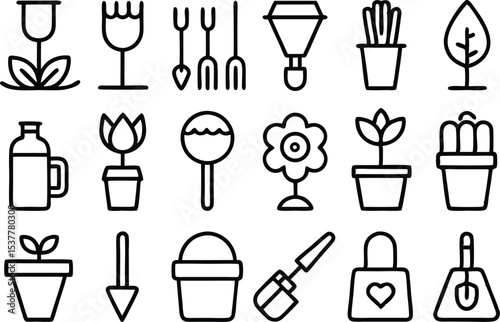 Gardening tool outline icons set featuring tulip and other gardening implements isolated on transparent background