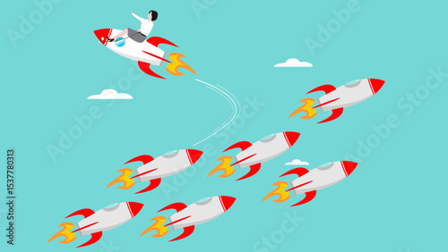 change career path in a different direction, courage to see opportunities, leadership to choose a path to success, change business strategy, woman riding the rocket changed its flight direction