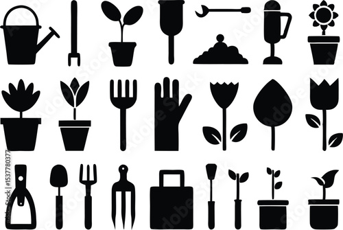 Gardening tool icons outline set featuring tulip and other gardening implements isolated on transparent background