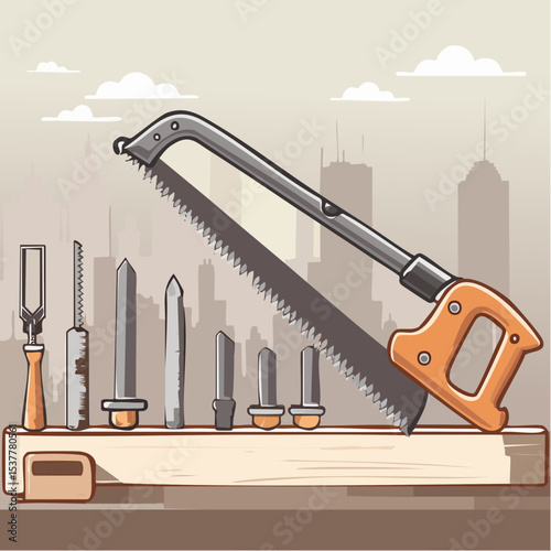 Vector illustration of carpentry tools set on a wooden bench with a cityscape background, showcasing a hand saw and various chisels.