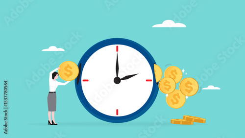 ROI, return on investment or long term investment success, increase in dividends or returns from the costs that have been invested, businesswoman invests money into big watch to get return profit
