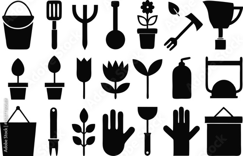 Gardening tool outline icons set featuring tulip and other garden implements isolated on transparent background