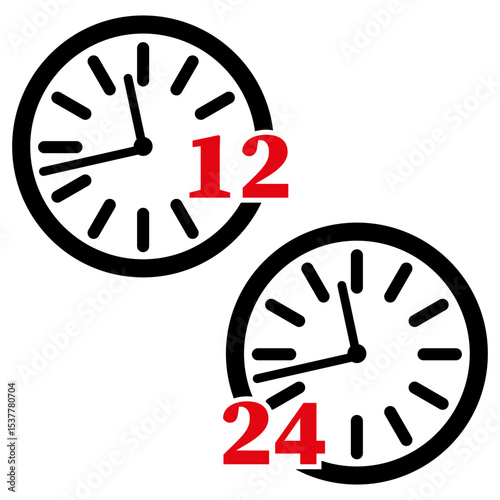Clock face icon. Twelve 12 number. Twenty four 24 hour. Vector time symbol.