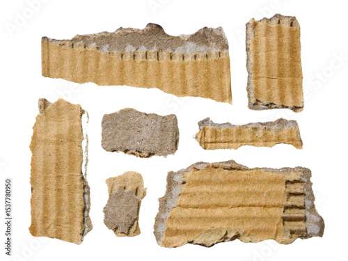 Pieces of torn or cut brown cardboard isolated design element on transparent background.