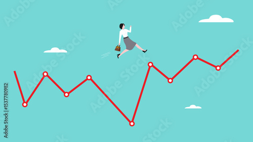 Overcoming financial problems in business or investment with businesswoman jumping over falling financial graph, creative idea or solution to solve problem, business challenge concept
